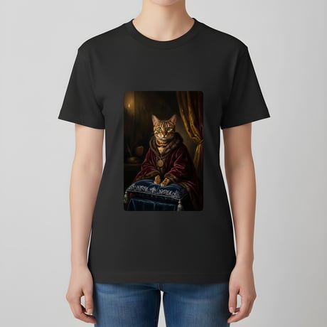 猫（ベンガル）半袖Tシャツ ルネサンス風カラーアート ブラック 男女兼用