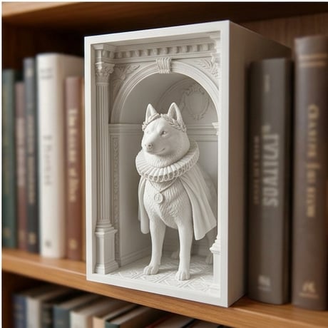 犬（シベリアンハスキー）の3Dプリント ブックヌーク 白PLA 本棚インテリア