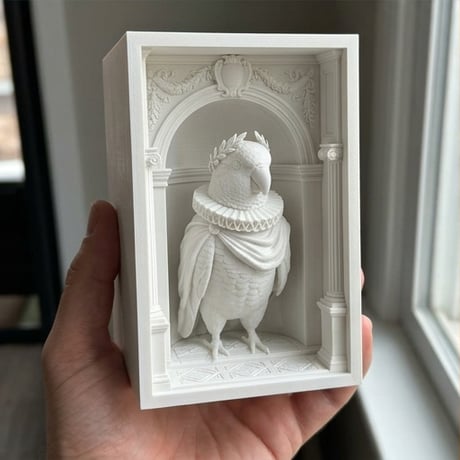 インコ（オキナインコ）の3Dプリント ブックヌーク 白PLA 本棚インテリア