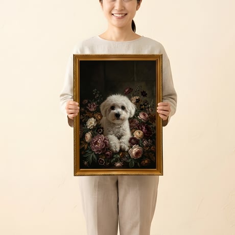 犬（ビションフリーゼ）の花に囲まれた油絵風アート A3額装インテリア壁掛け