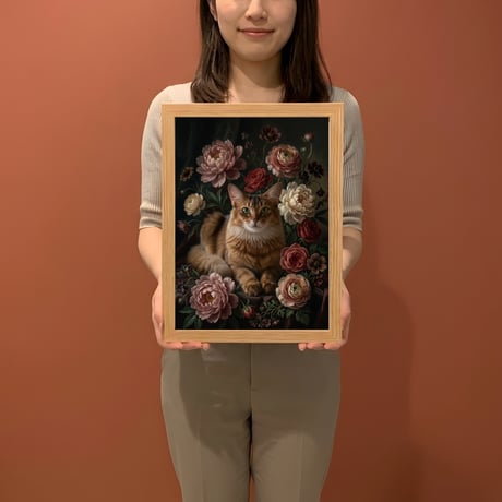 猫（ソマリ）の花に囲まれた油絵風アート A4額装インテリア壁掛け