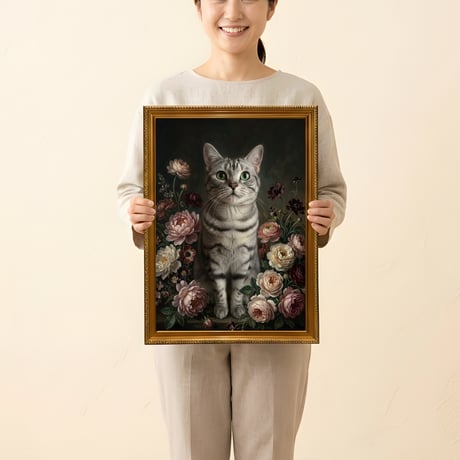 猫（アメリカンショートヘア）の花に囲まれた油絵風アート A3額装インテリア壁掛け