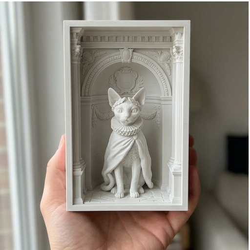 猫（デボンレックス）の3Dプリント ブックヌーク 白PLA 本棚インテリア
