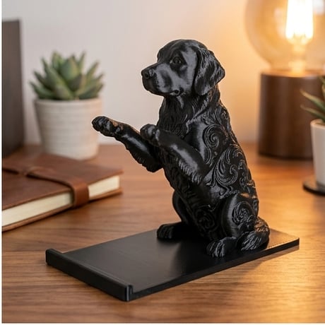 犬（ゴールデンレトリバー）のスマホスタンド 卓上 シルクブラック