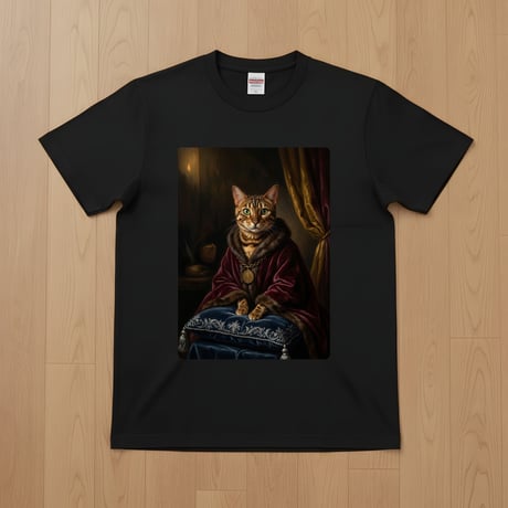 猫（ベンガル）半袖Tシャツ ルネサンス風カラーアート ブラック 男女兼用