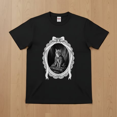 猫（シャム猫）半袖Tシャツ ルネサンス風モノクロアート ブラック 男女兼用