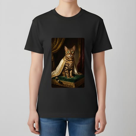 猫（ベンガル）半袖Tシャツ ルネサンス風カラーアート ブラック 男女兼用