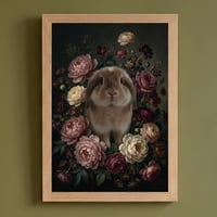 うさぎ（アメリカンファジーロップ）の花の油絵風アート A4額装インテリア壁掛け