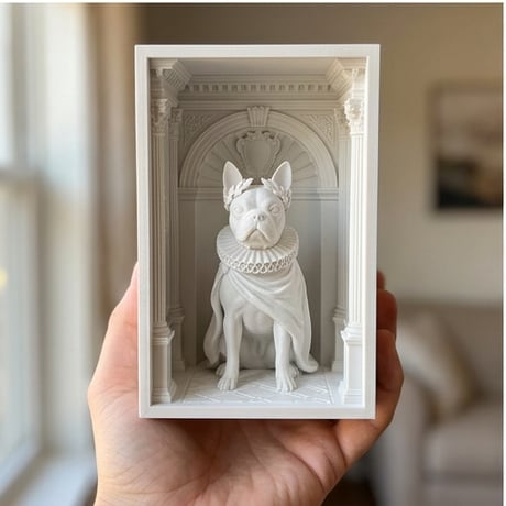 犬（ボストンテリア）の3Dプリント ブックヌーク 白PLA 本棚インテリア