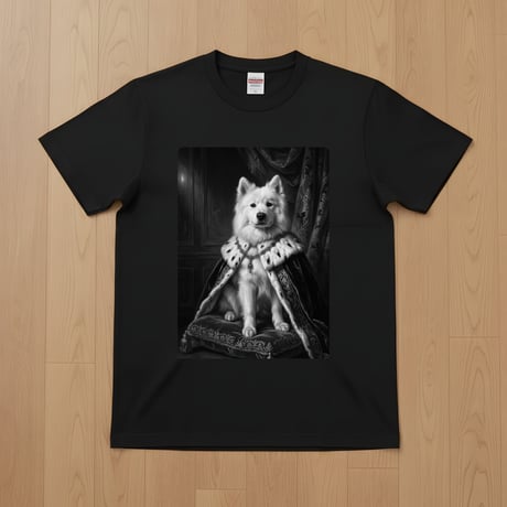 犬（サモエド）半袖Tシャツ ルネサンス風モノクロアート ブラック 男女兼用