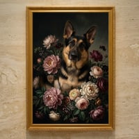 犬（ジャーマンシェパード）の花に囲まれた油絵風アート A3額装インテリア壁掛け