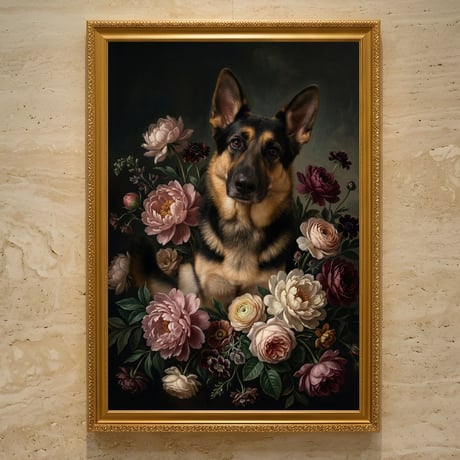 犬（ジャーマンシェパード）の花に囲まれた油絵風アート A3額装インテリア壁掛け