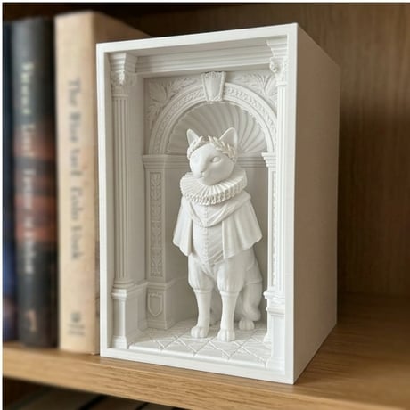 猫（シャム猫）の3Dプリント ブックヌーク 白PLA 本棚インテリア