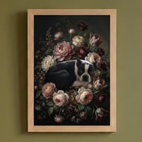 犬（ボストンテリア）の花に囲まれた油絵風アート A4額装インテリア壁掛け