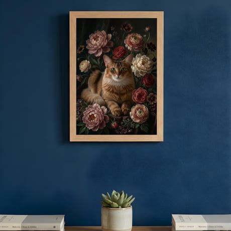 猫（ソマリ）の花に囲まれた油絵風アート A4額装インテリア壁掛け