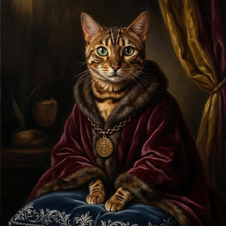 猫（ベンガル）のルネサンス風肖像画 油絵風アートA3額装インテリア壁掛け