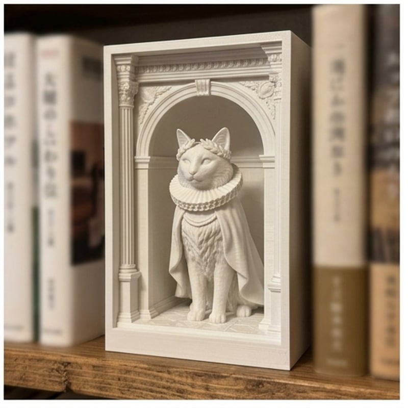 猫（バリニーズ）の3Dプリント ブックヌーク 白PLA 本棚インテリア