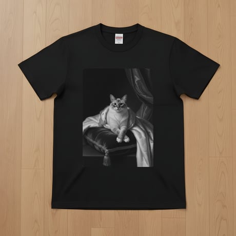 猫（バーマン）半袖Tシャツ ルネサンス風モノクロアート ブラック 男女兼用