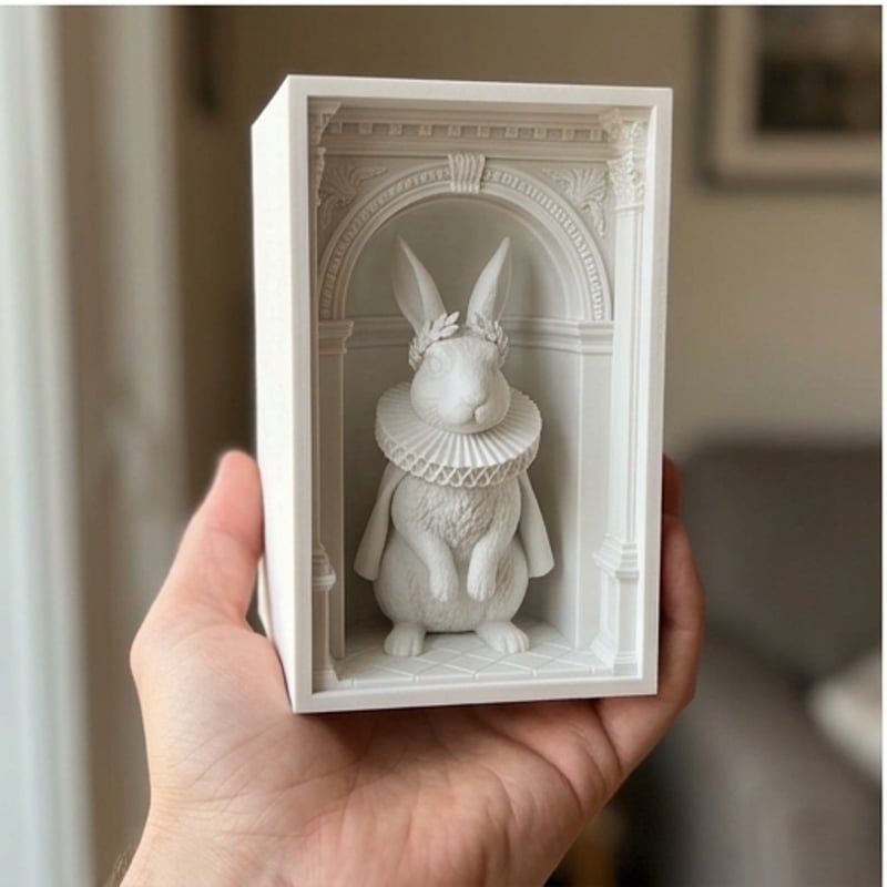 うさぎ（ハーレクイン）の3Dプリント ブックヌーク 白PLA 本棚
