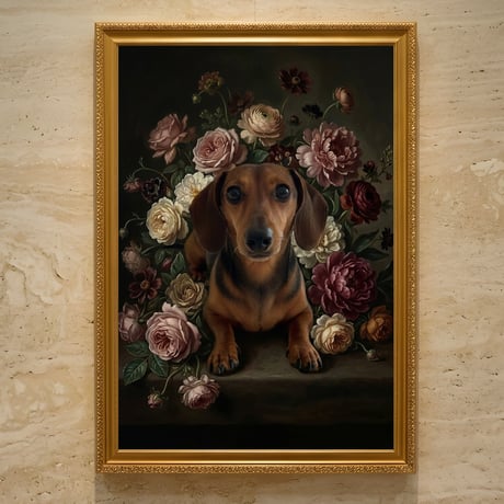 犬（ミニチュアダックスフンド）の花の油絵風アート A3額装インテリア壁掛け