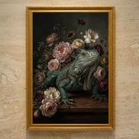 イグアナ（ブルーイグアナ）の花に囲まれた油絵風アート A3額装インテリア壁掛け
