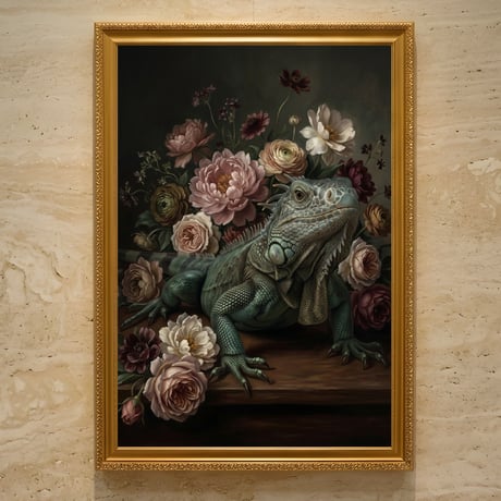 イグアナ（ブルーイグアナ）の花に囲まれた油絵風アート A3額装インテリア壁掛け