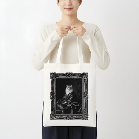 猫（ラグドール）トートバッグ ルネサンス風モノクロアート 額縁デザイン