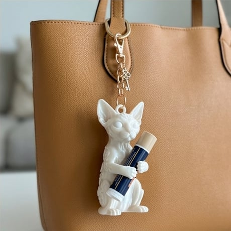 猫（デボンレックス）の3Dプリント リップケース シルクホワイト キーホルダー