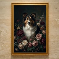 犬（シェットランドシープドッグ）の花の油絵風アート A3額装インテリア壁掛け
