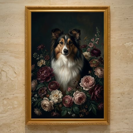 犬（シェットランドシープドッグ）の花の油絵風アート A3額装インテリア壁掛け