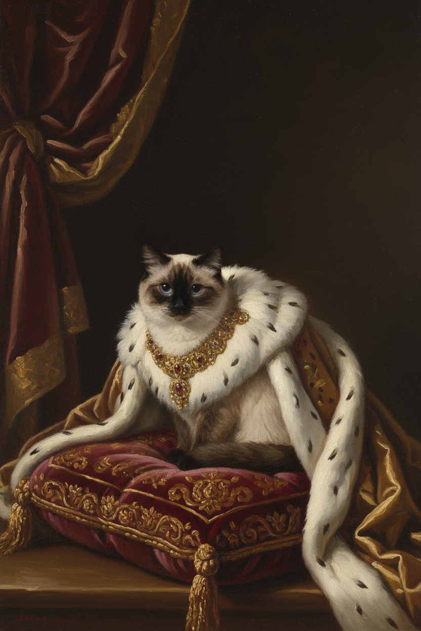 猫（バリニーズ）のルネサンス風肖像画 油絵風アートA4額装インテリア