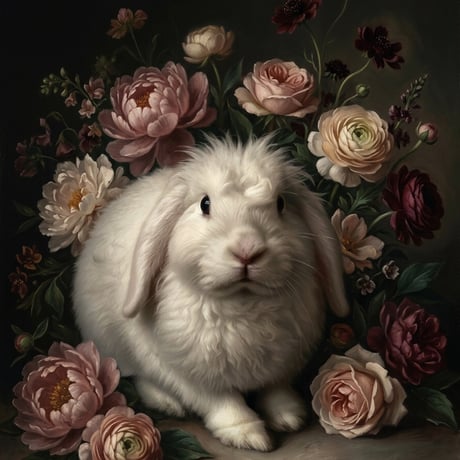 うさぎ（フレンチアンゴラ）の花に囲まれた油絵風アート A4額装インテリア壁掛け
