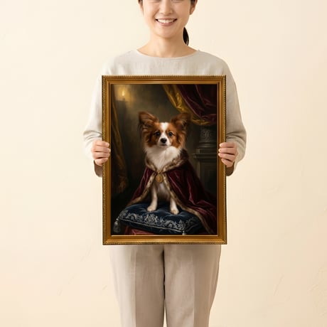 犬（パピヨン）のルネサンス風肖像画 油絵風アートA3額装インテリア壁掛け