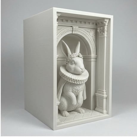 うさぎ（ハーレクイン）の3Dプリント ブックヌーク 白PLA 本棚インテリア
