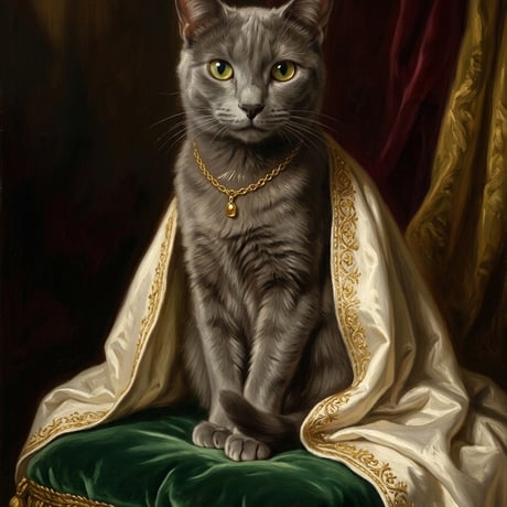 猫（シャルトリュー）のルネサンス風肖像画 油絵風アートA3額装インテリア壁掛け