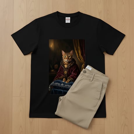猫（ベンガル）半袖Tシャツ ルネサンス風カラーアート ブラック 男女兼用
