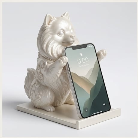 犬（ポメラニアン）のスマホスタンド 卓上 シルクホワイト