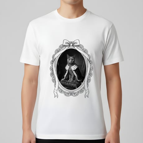 猫（ロシアンブルー）半袖Tシャツ ルネサンス風モノクロアート ホワイト 男女兼用
