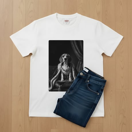犬（ビーグル）半袖Tシャツ ルネサンス風モノクロアート ホワイト 男女兼用