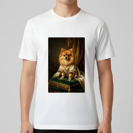 犬（ポメラニアン）半袖Tシャツ ルネサンス風カラーアート ホワイト 男女兼用