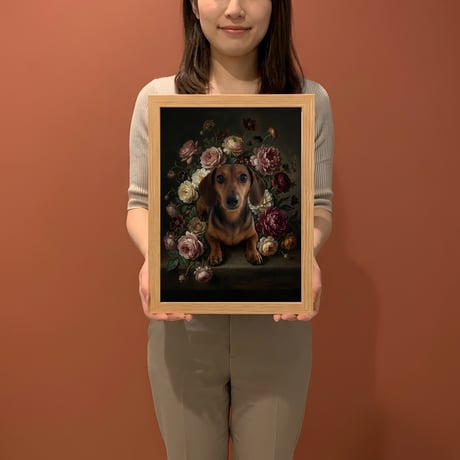 犬（ミニチュアダックスフンド）の花の油絵風アート A4額装インテリア壁掛け
