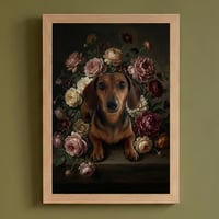 犬（ミニチュアダックスフンド）の花の油絵風アート A4額装インテリア壁掛け