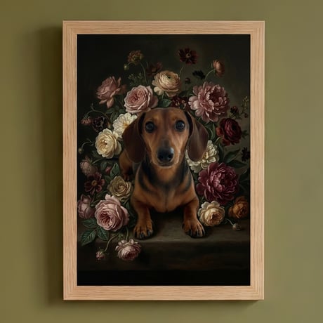 犬（ミニチュアダックスフンド）の花の油絵風アート A4額装インテリア壁掛け