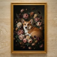 犬（コーギー）の花に囲まれた油絵風アート A3額装インテリア壁掛け