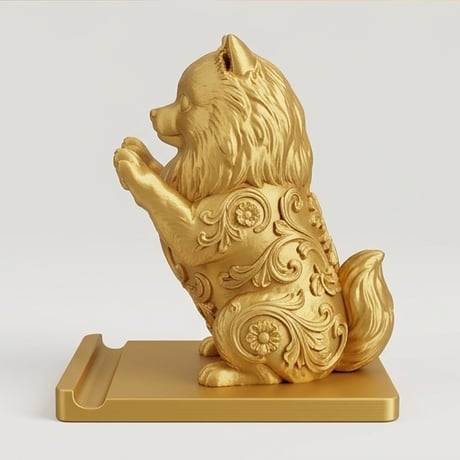 犬（ポメラニアン）のスマホスタンド 卓上 シルクゴールド
