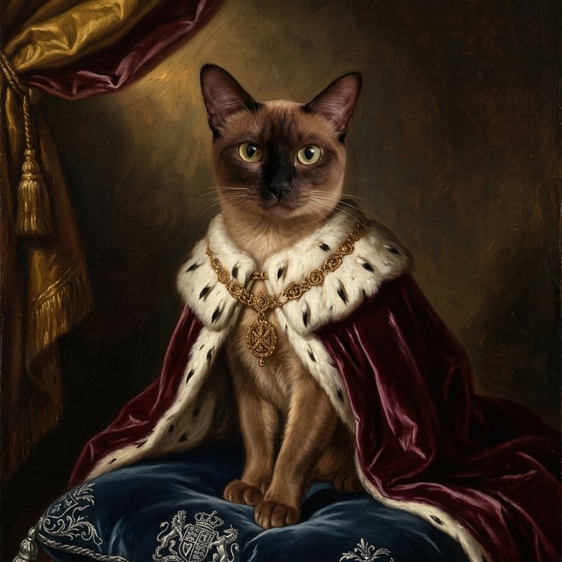 猫（バーミーズ）のルネサンス風肖像画 油絵風アートA4額装インテリア