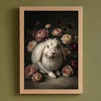 うさぎ（フレンチアンゴラ）の花に囲まれた油絵風アート A4額装インテリア壁掛け