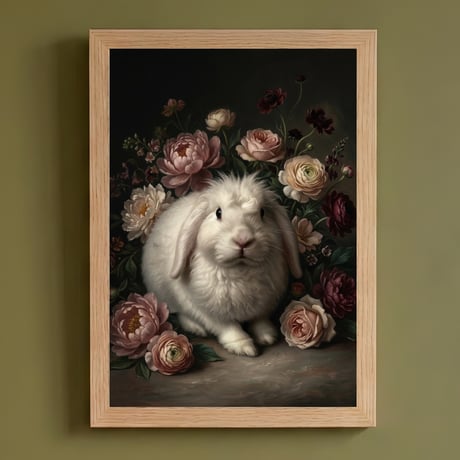 うさぎ（フレンチアンゴラ）の花に囲まれた油絵風アート A4額装インテリア壁掛け