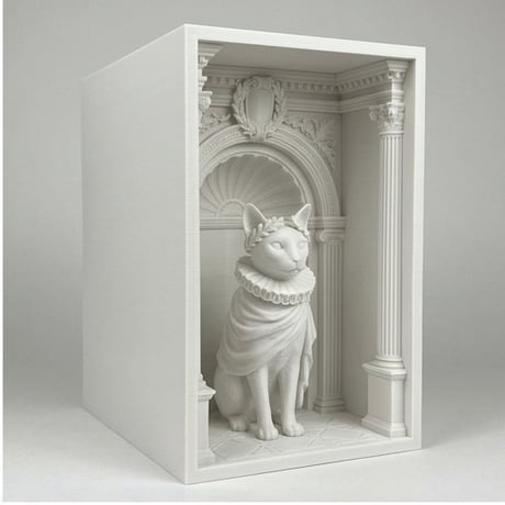 猫（シャム猫）の3Dプリント ブックヌーク 白PLA 本棚インテリア