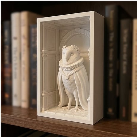 メンフクロウの3Dプリント ブックヌーク 白PLA 本棚インテリア